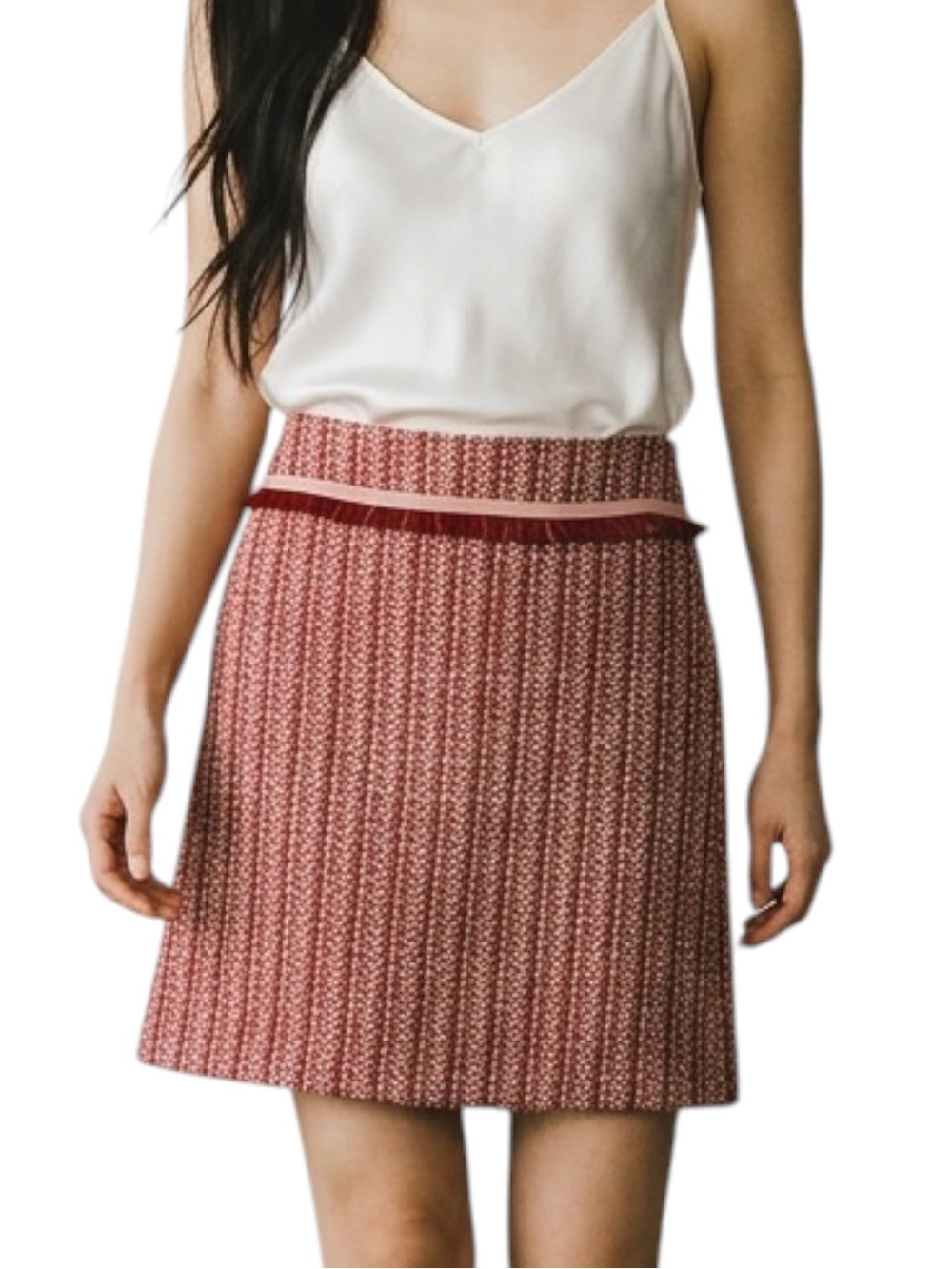 Worth 100% Silk Coral Red Tweed Fringe Skirt Size 6 Academia